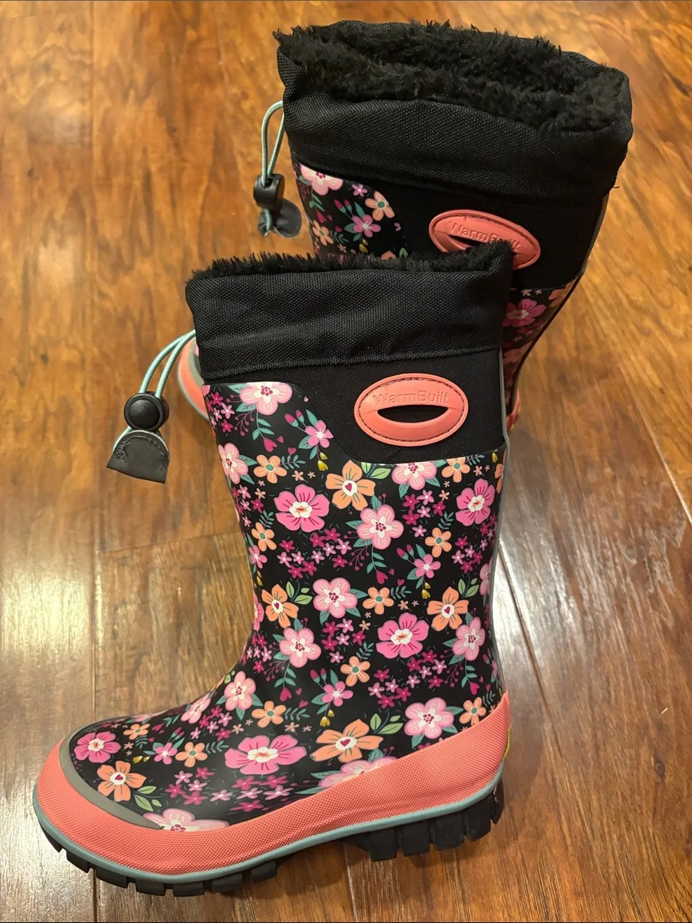 Girls Floral Winter Rain Boots with Fleece Lining - Pink & Black